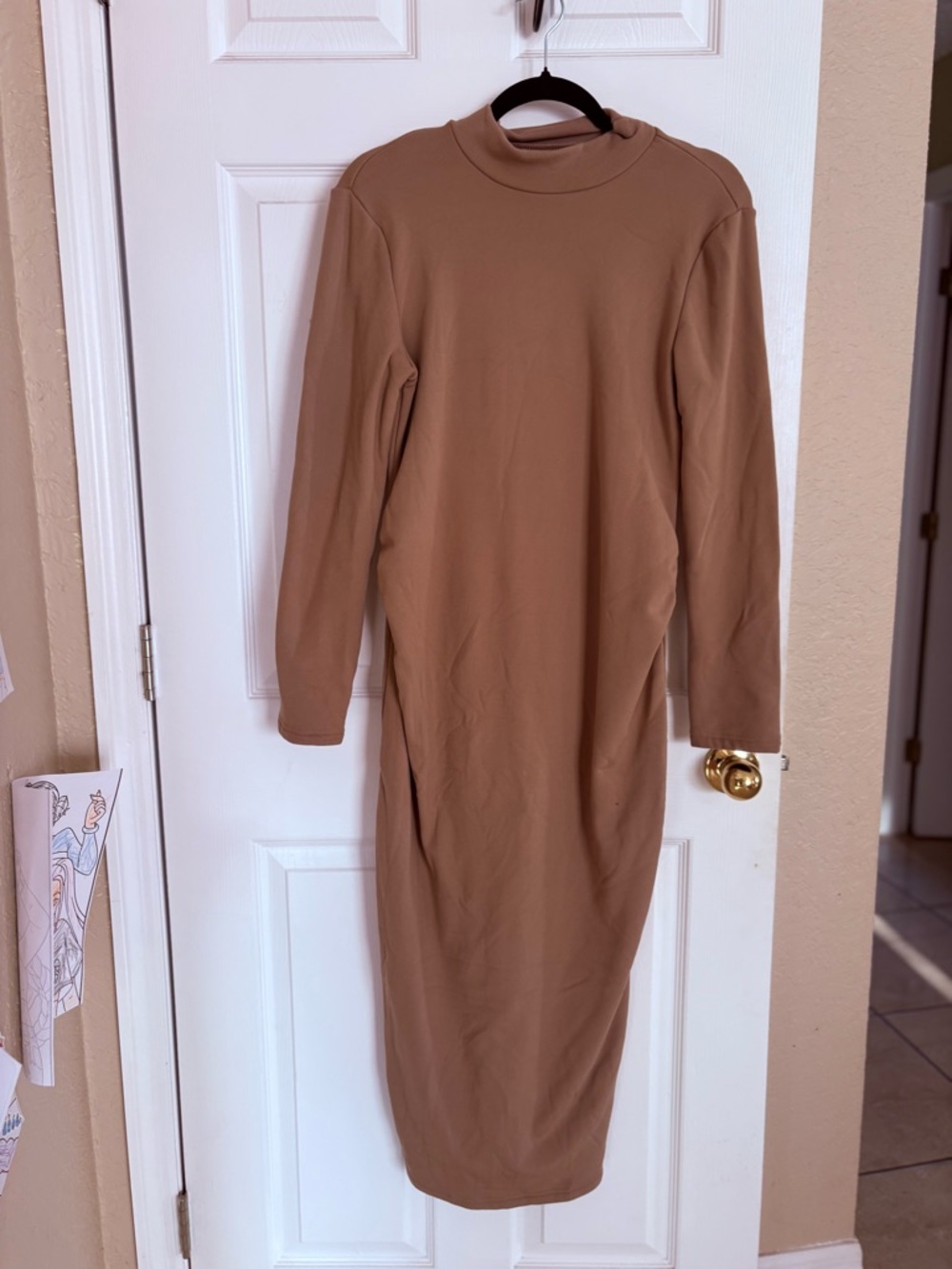 SHEIN Bodycon Dress Large Brown Long Sleeve Midi Stretch Fitted Soft
